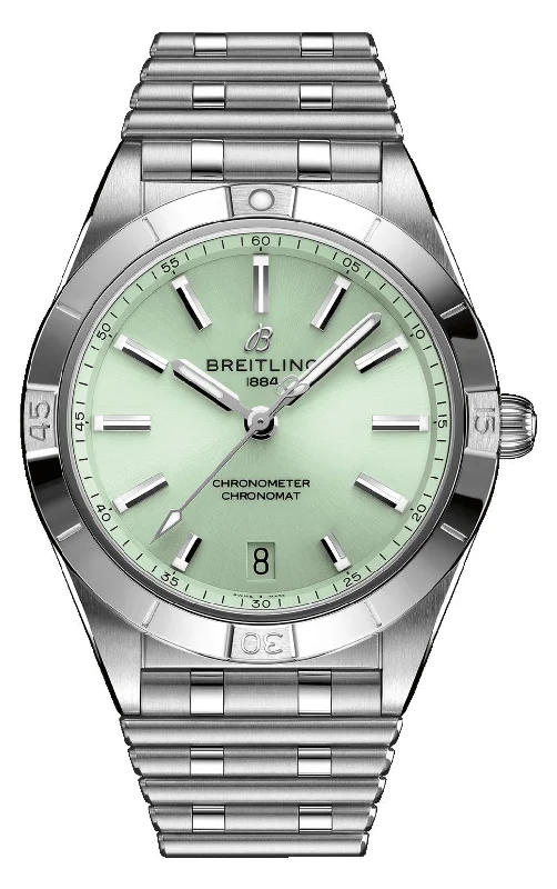 smartwatches with GPS for hiking -Breitling Chronomat Stainless Steel Mint Green Dial Date Automatic Womens Watch A10380101L1A1