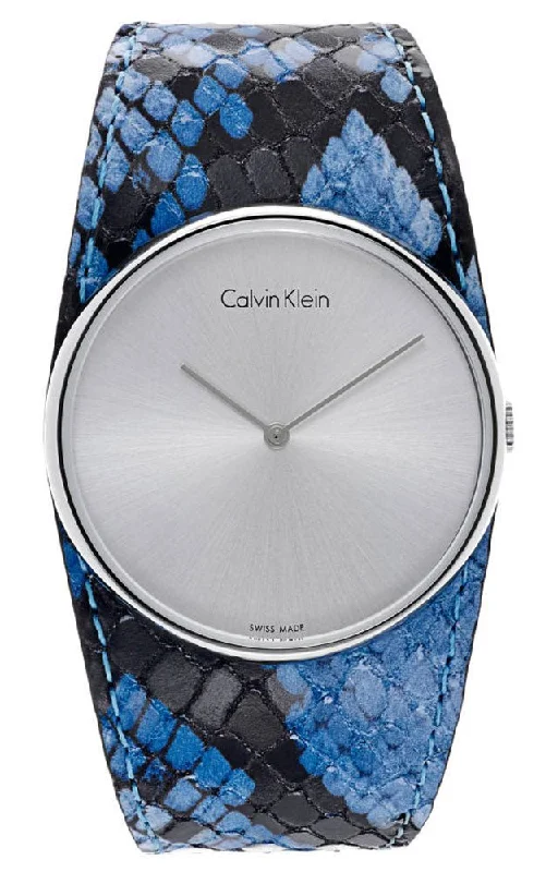 automatic watches for men under 200 -Calvin Klein Spellbound Blue and Black Leather Silver Dial Quartz Womens Watch K5V231V6