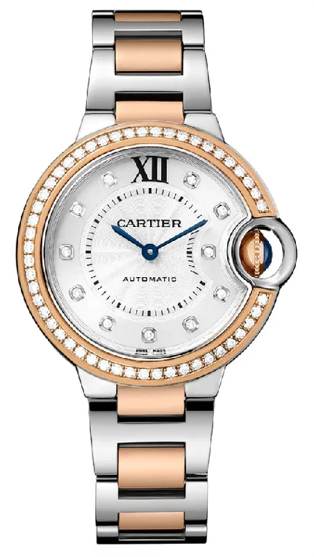 luxury pocket watches for men -Cartier Ballon Bleu Automatic Stainless Steel & Rose Gold Silver-Tone Dial Diamonds Womens Watch WE902077