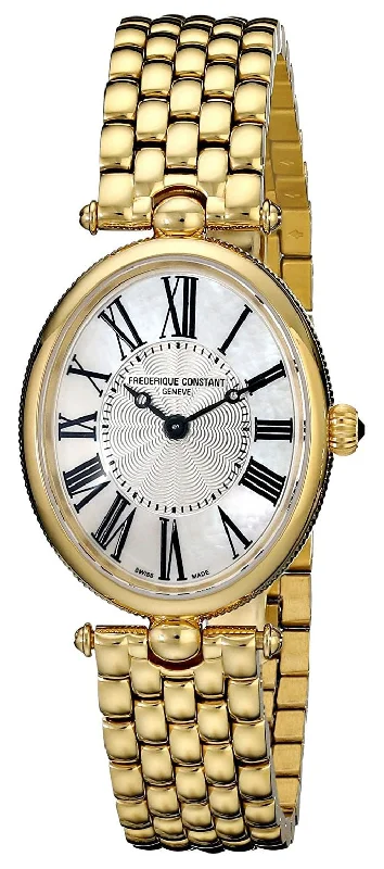 elegant women's watches -Frederique Constant Classics Art Deco Yellow Gold Plated Stainless Steel Oval Case Mother-of-Pearl Dial Quartz Womens Watch FC-200MPW2V5B