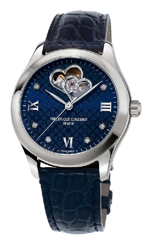 budget-friendly men's wristwatches -Frederique Constant Double Heart Beat Automatic Diamonds Blue Dial Blue Leather Strap Womens Watch FC-310NDHB3B6