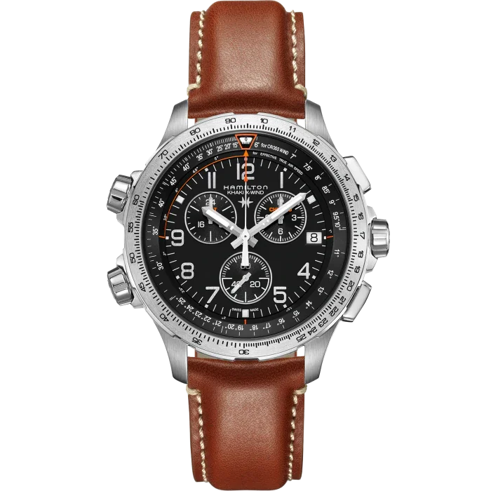 automatic watches with leather bands -Hamilton Khaki Aviation X-Wind GMT Chrono Quartz