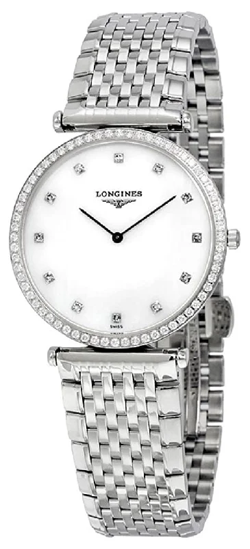 men's watches with black leather straps -Longines La Grande Classique Stainless Steel Mother-Of-Pearl Dial Diamonds Quartz Womens Watch L4.741.0.80.6