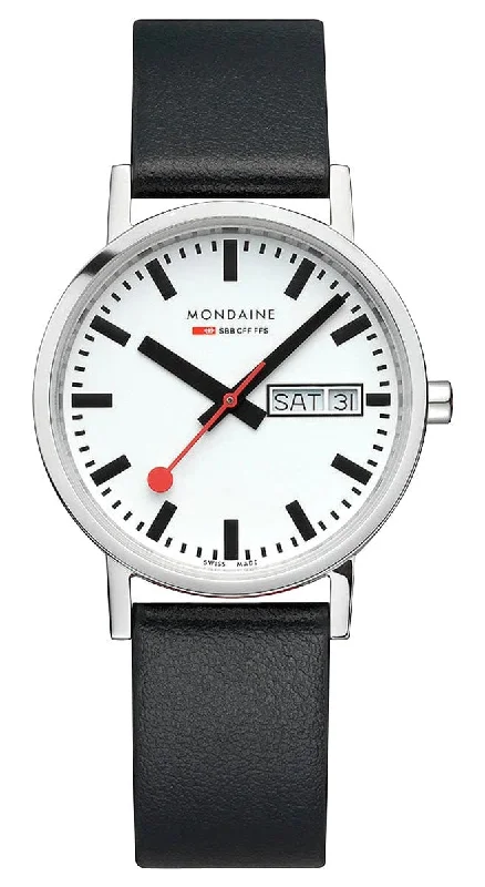 men's watches with minimalistic designs -Mondaine Classic Stainless Steel White Dial Black Vegan Leather Strap Day/Date Quartz Unisex Watch A667.30314.11SBB