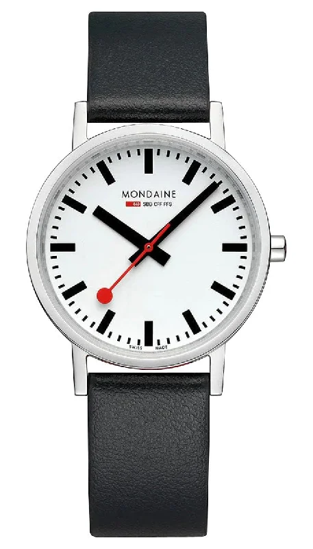 affordable women's fashion watches -Mondaine Classic Stainless Steel White Dial Black Vegan Leather Strap Quartz Unisex Watch A660.30314.16SBB