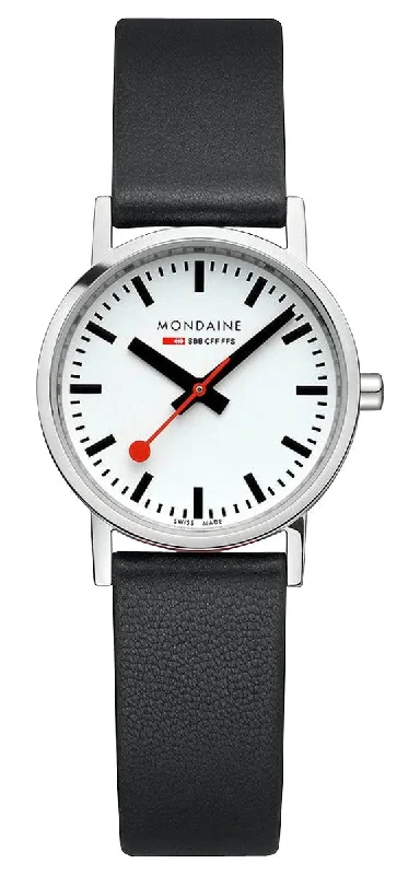 solar-powered dive watches -Mondaine Classic Stainless Steel White Dial Black Vegan Leather Strap Quartz Womens Watch A658.30323.11SBB