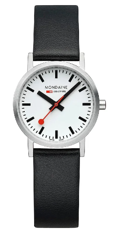 high-end watches with precision movements -Mondaine Classic Stainless Steel White Dial Black Vegan Leather Strap Quartz Womens Watch A658.30323.16SBB