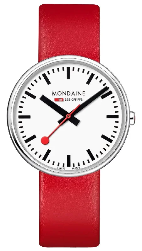 watches with hybrid technology -Mondaine Giant Backlight Stainless Steel White Dial Red Leather Strap Quartz Womens Watch MSX.3511B.LC