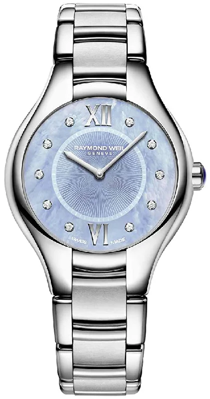 sporty women's wristwatches -Raymond Weil Noemia Stainless Steel Blue Mother-of-Pearl Dial Diamonds Quartz Womens Watch 5132-ST-00955