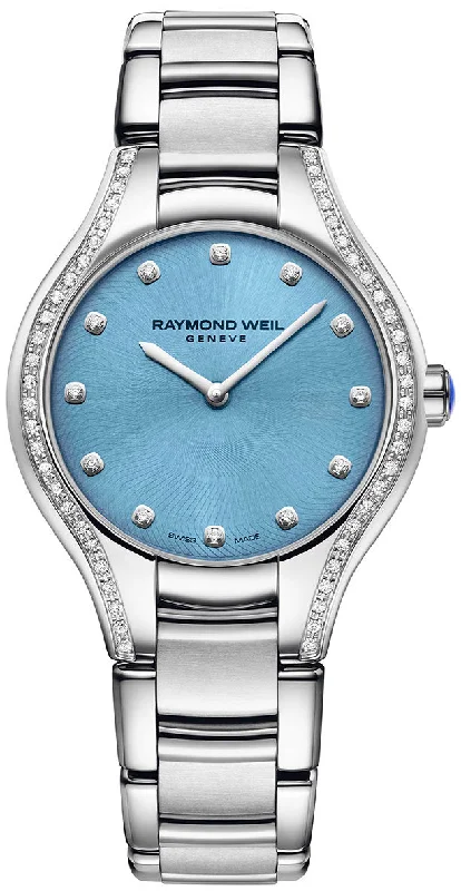 best smartwatch for cycling -Raymond Weil Noemia Stainless Steel Diamonds Blue Dial Quartz Womens Watch 5132-STS-50081