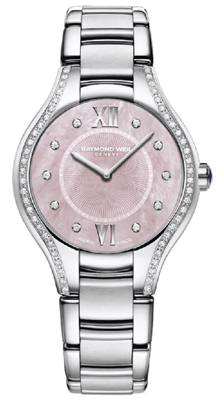 automatic watches for men under 200 -Raymond Weil Noemia Stainless Steel Diamonds Pink Mother-of-Pearl Dial Quartz Womens Watch 5132-STS-00986