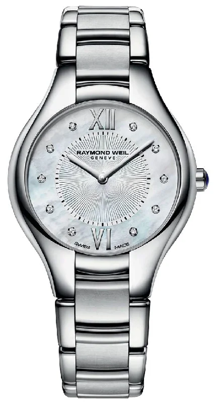 vintage women's wristwatches -Raymond Weil Noemia Stainless Steel Mother-of-Pearl Dial Diamonds Quartz Womens Watch 5132-ST-00985