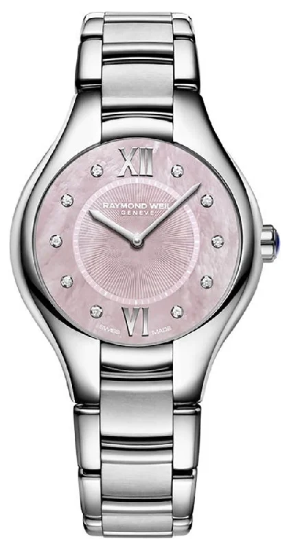 best waterproof watches for diving -Raymond Weil Noemia Stainless Steel Pink Mother-of-Pearl Dial Diamonds Quartz Womens Watch 5132-ST-00986