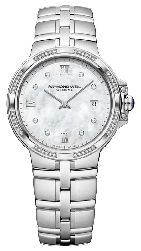 high-tech smartwatches for teens -Raymond Weil Parsifal Stainless Steel Diamonds Mother-of-Pearl Dial Date Quartz Womens Watch 5180-STS-00995