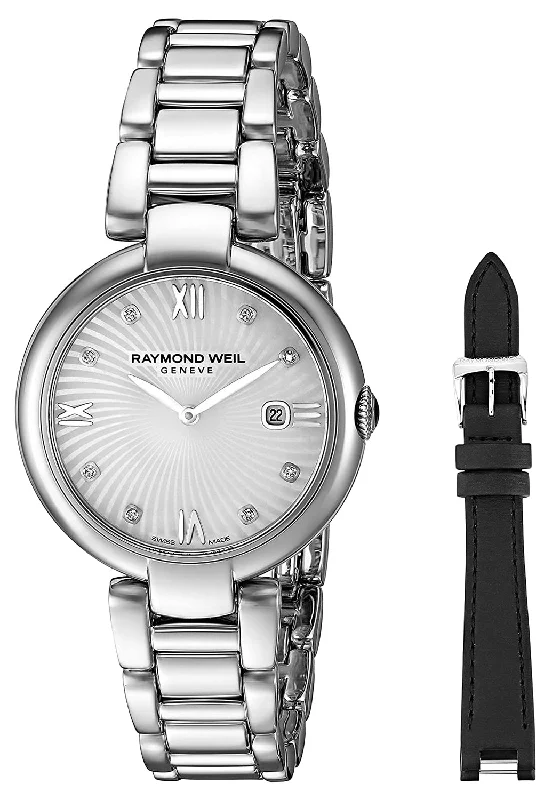 smartwatches for elderly with emergency button -Raymond Weil Shine Stainless Steel Diamonds Mother-of-Pearl Dial Interchangeable Black Satin Strap Date Quartz Womens Watch 1600-ST-00995