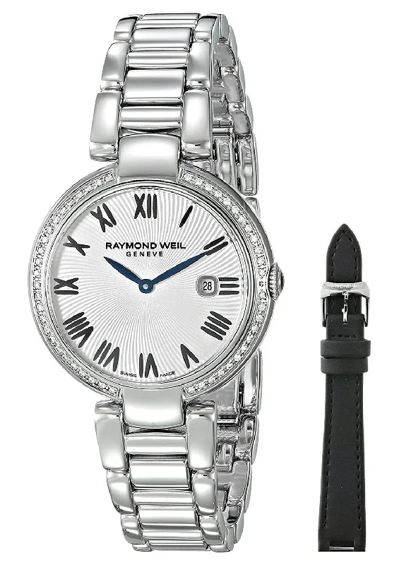 multi-functional smartwatches -Raymond Weil Shine Stainless Steel Diamonds Silver-Tone Dial Interchangeable Black Satin Strap Date Quartz Womens Watch 1600-STS-00659