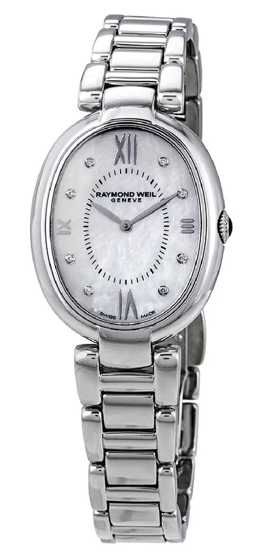 watches for businessmen with stainless steel -Raymond Weil Shine Stainless Steel Oval Case Diamonds Mother-of-Pearl Dial Interchangeable Black Satin Strap Quartz Womens Watch 1700-ST-00995