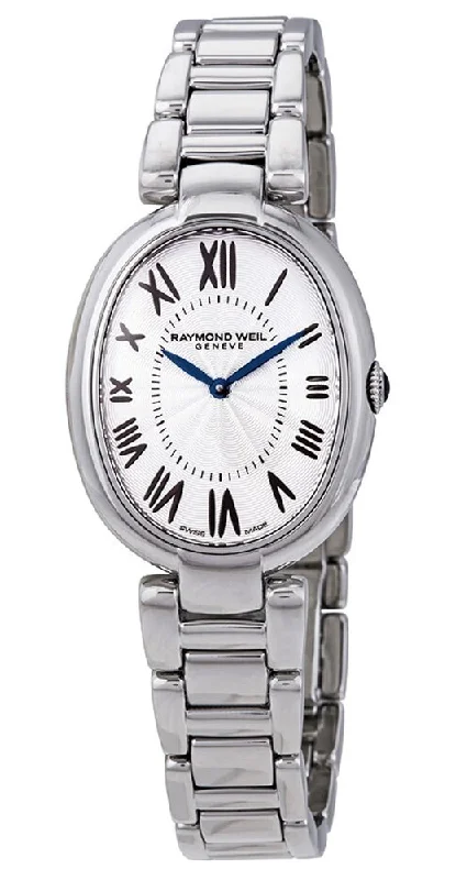 women's watches for small wrists -Raymond Weil Shine Stainless Steel Oval Case Silver-Tone Dial Interchangeable Black Satin Strap Quartz Womens Watch 1700-ST-00659