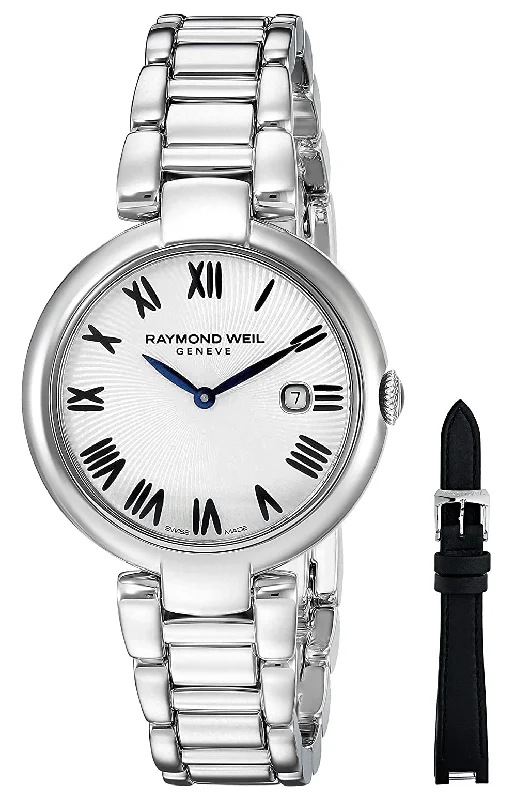 best smartwatches for women 2025 -Raymond Weil Shine Stainless Steel Silver-Tone Dial Interchangeable Black Satin Strap Date Quartz Womens Watch 1600-ST-00659