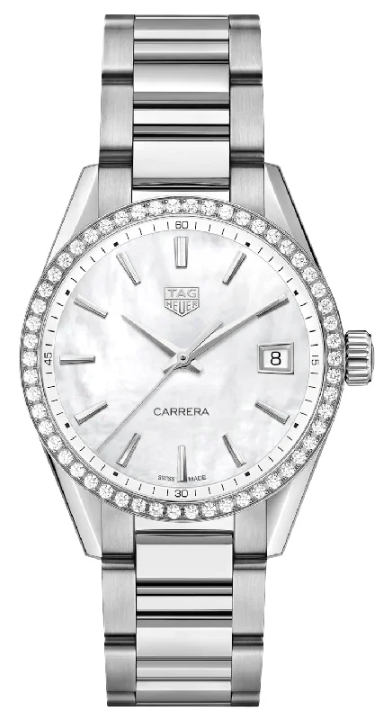 classic analog watches for men -TAG Heuer Carrera Stainless Steel Mother-Of-Pearl Dial Diamonds Date Quartz Womens Watch WBK1316.BA0652