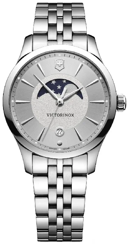 watches with interchangeable bands -Victorinox Swiss Army Alliance Small Stainless Steel Silver Dial Moonphase Date Womens Watch 241833